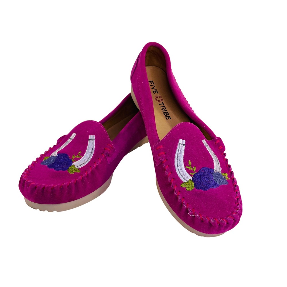 Five Tribe Lucky #700 Magenta Pink Suede Horseshoe Rose Embroidered Loafers 8.5M